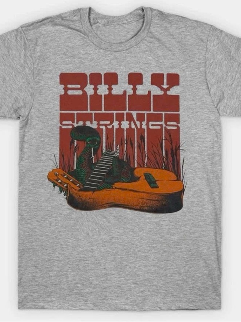 Grey Short Sleeve Tee with Orange Guitar and Red 'BILLY STRINGS' Graphic